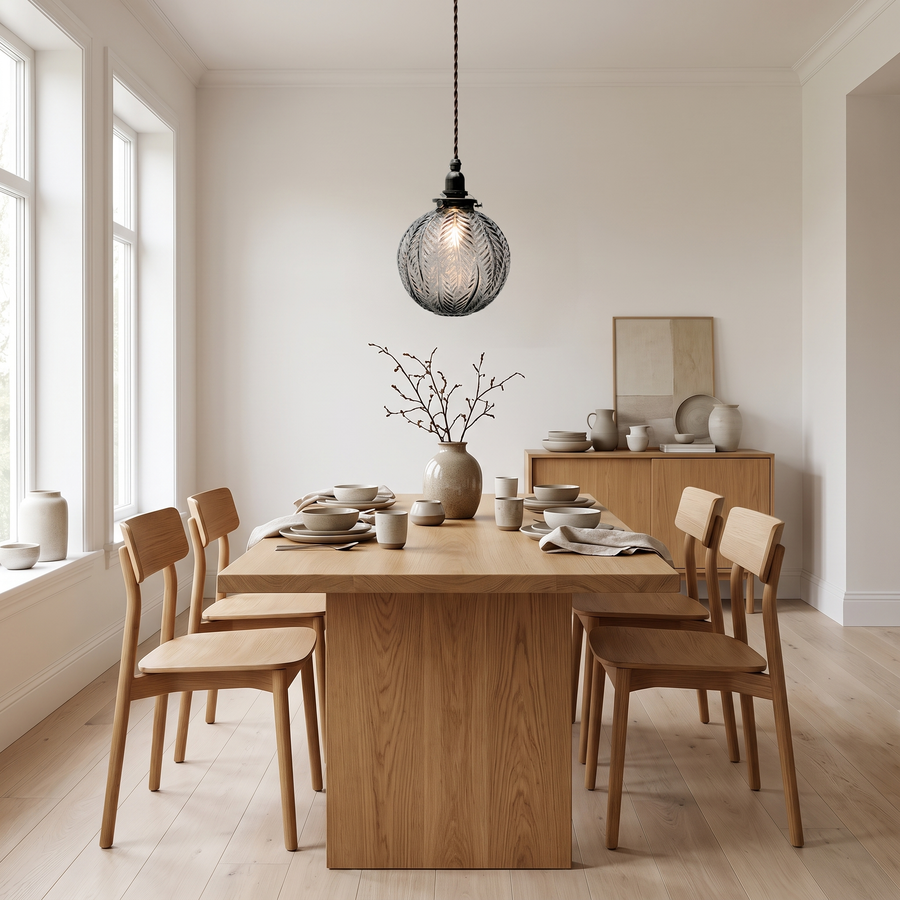 Oak dining table under a glass pendant light