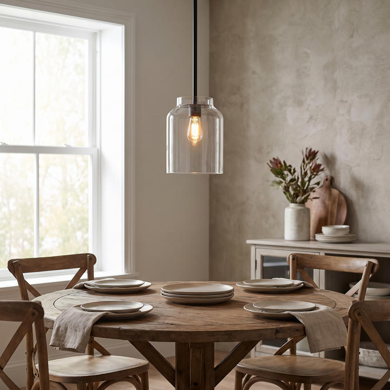 Glass pendant light hanging above a round dining table