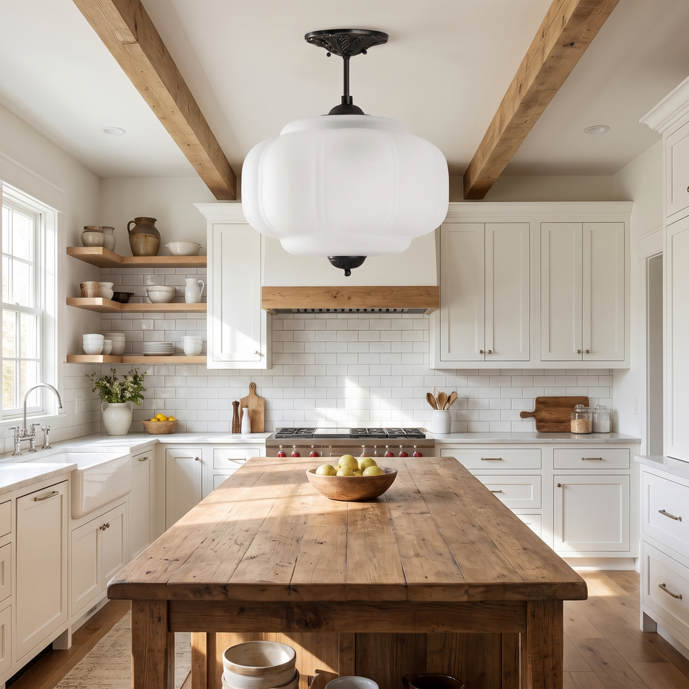 Farmhouse kitchen with a frosted glass semi-flush pendant