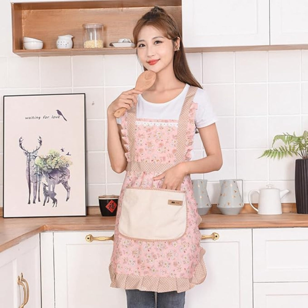Vintage Floral Cotton Waterproof Kitchen Apron with Pockets