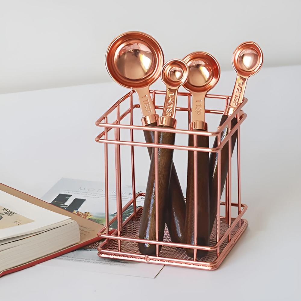 Copper Measuring Cups and Spoons Set With Walnut Handles