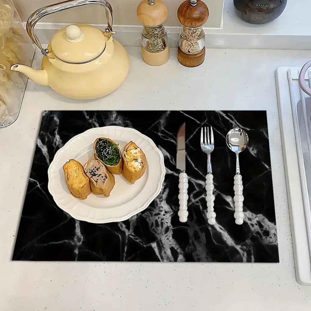 Black and White Marble Print Dish Drying Mat