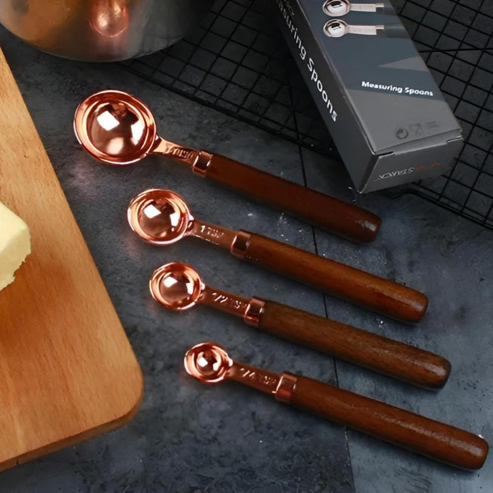Copper Measuring Cups and Spoons Set With Walnut Handles