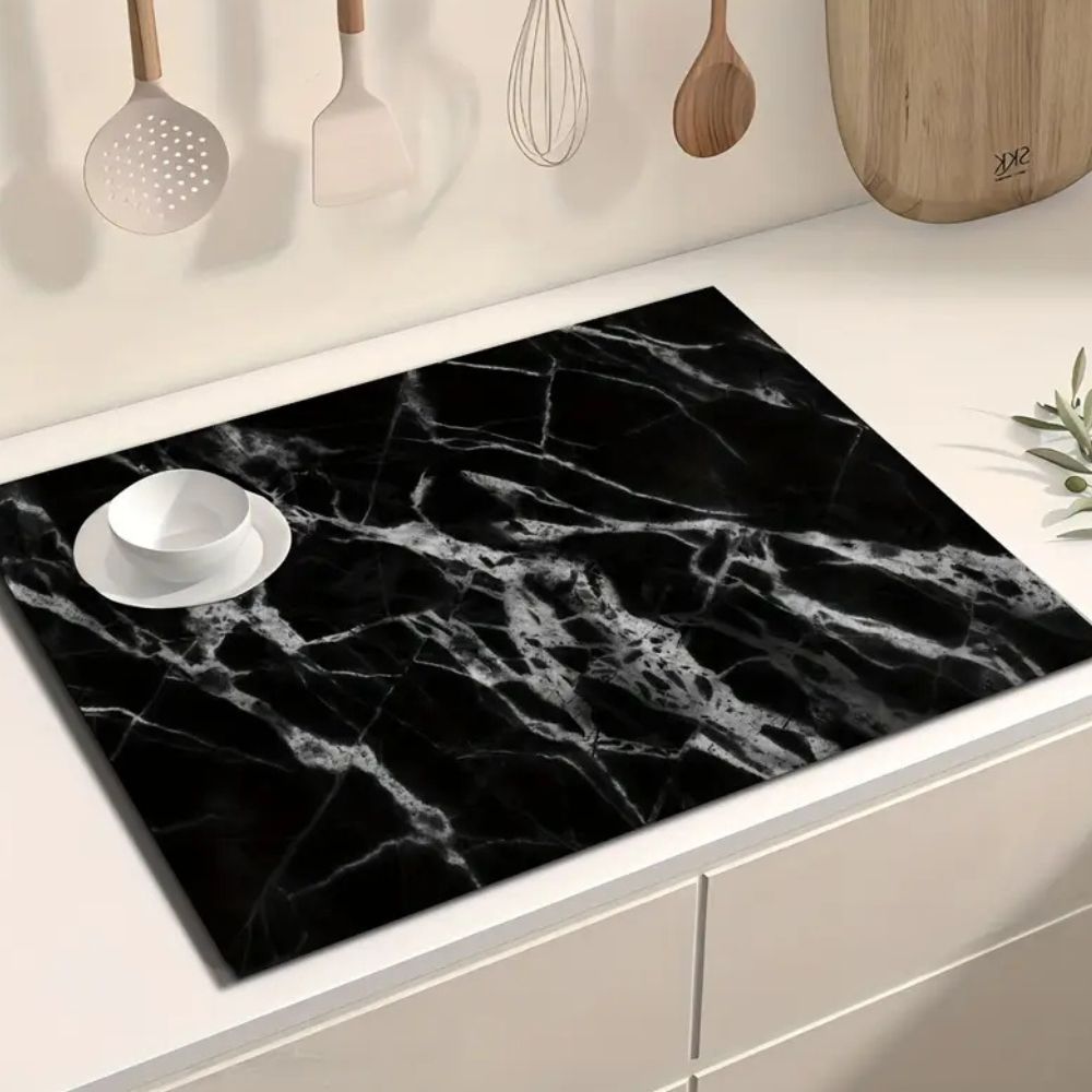 Black and White Marble Print Dish Drying Mat