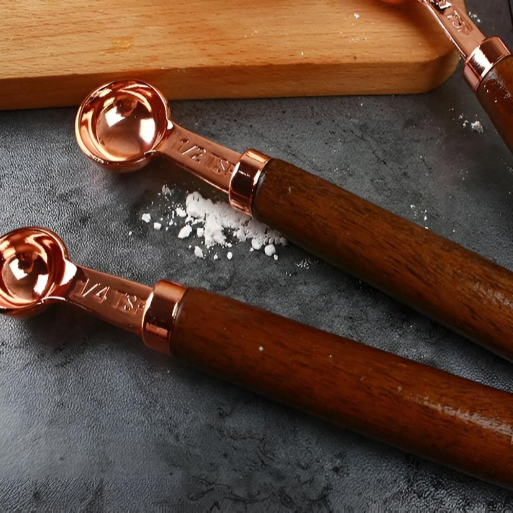 Copper Measuring Cups and Spoons Set With Walnut Handles