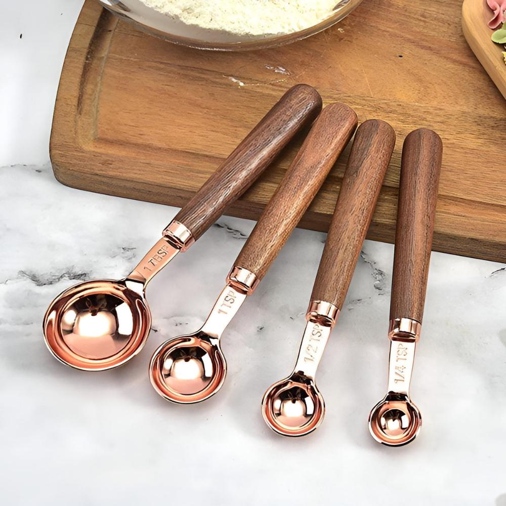 Copper Measuring Cups and Spoons Set With Walnut Handles