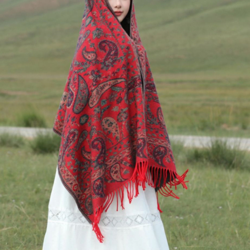 Double Sided Paisley Winter Poncho Shawl for Women
