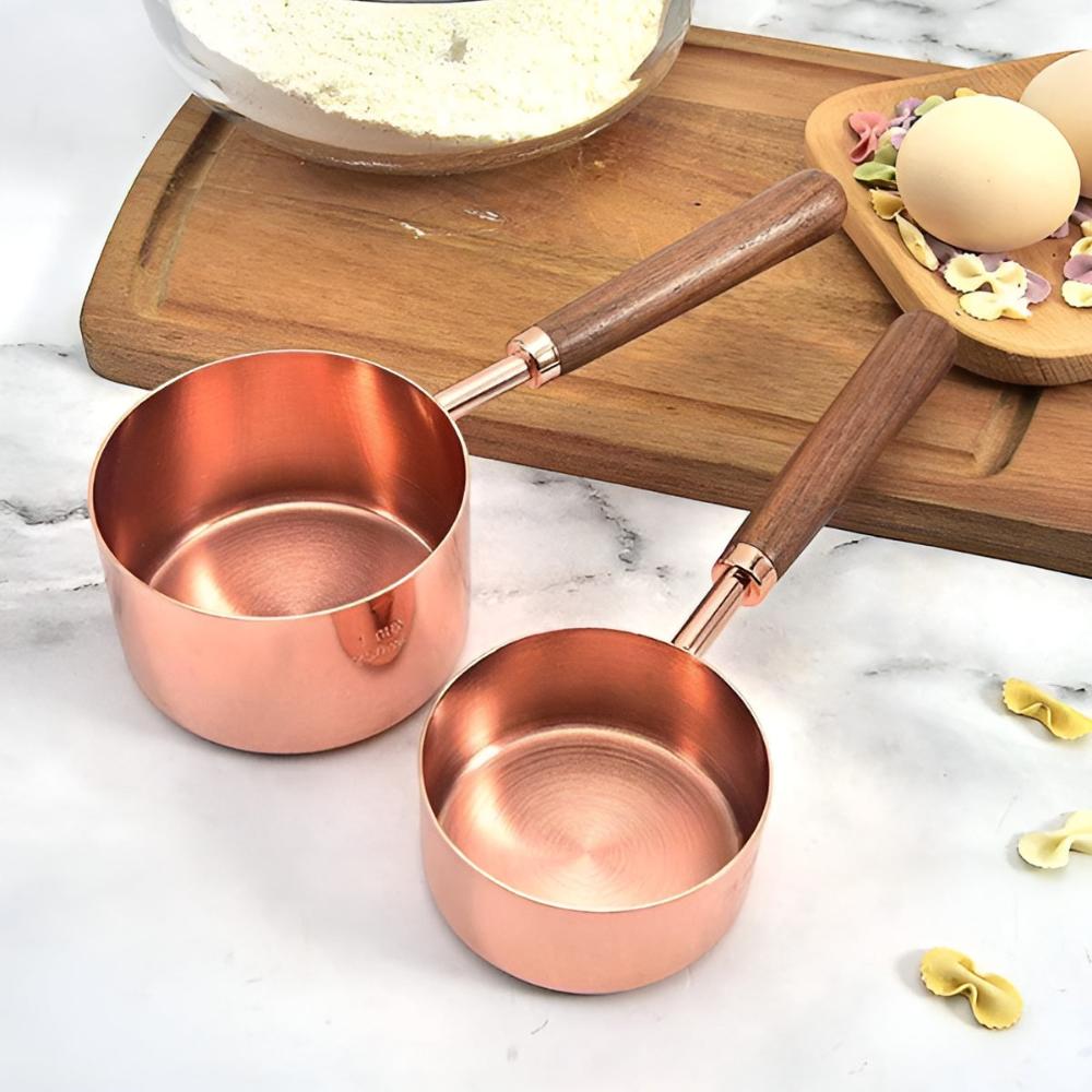Copper Measuring Cups and Spoons Set With Walnut Handles