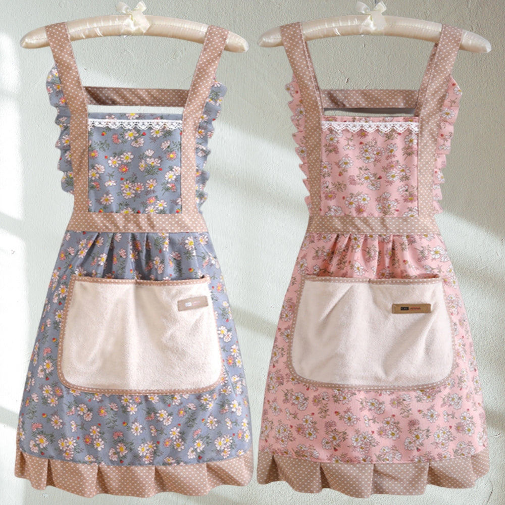 Vintage Floral Cotton Waterproof Kitchen Apron with Pockets