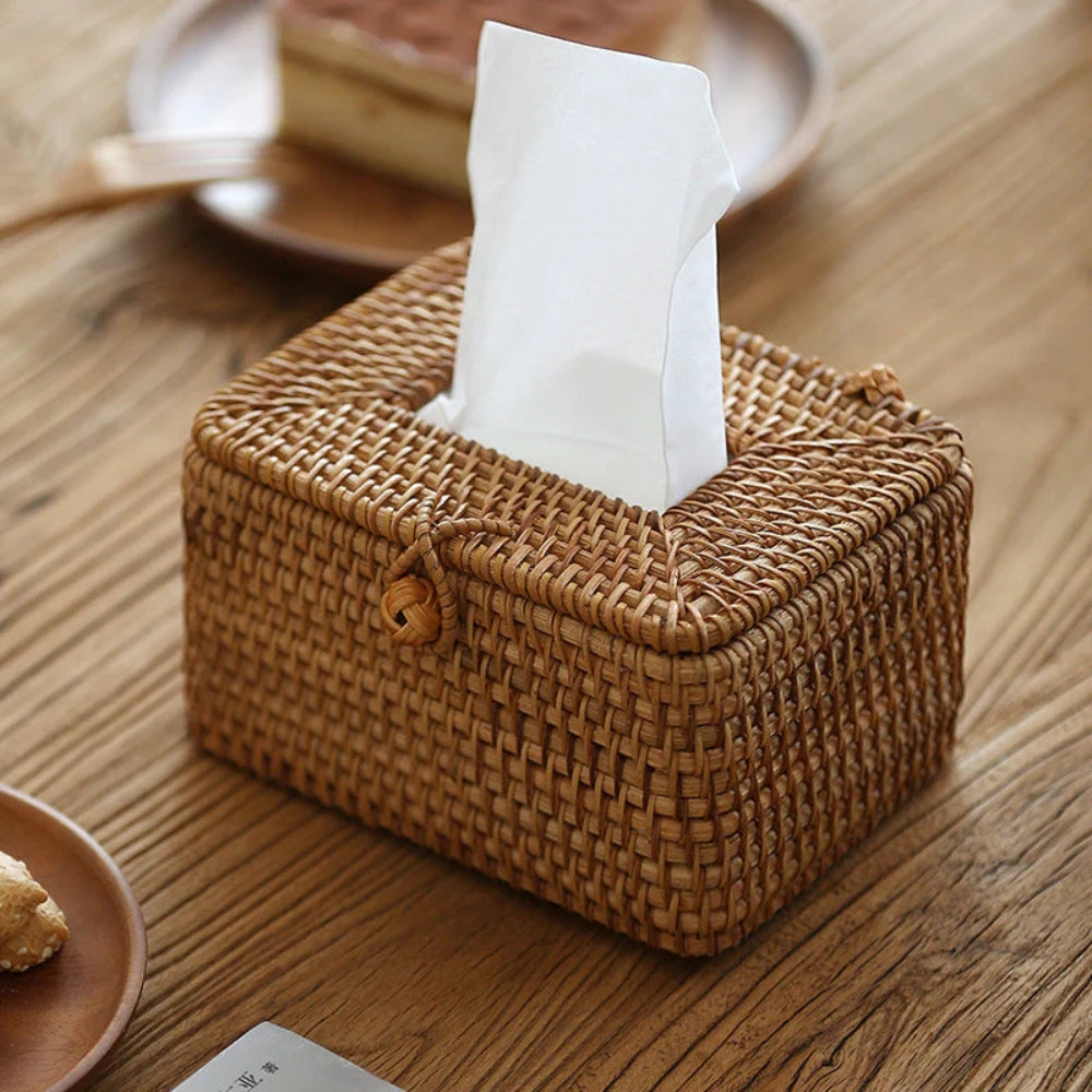 Handwoven Natural Rattan Tissue Box with Lid