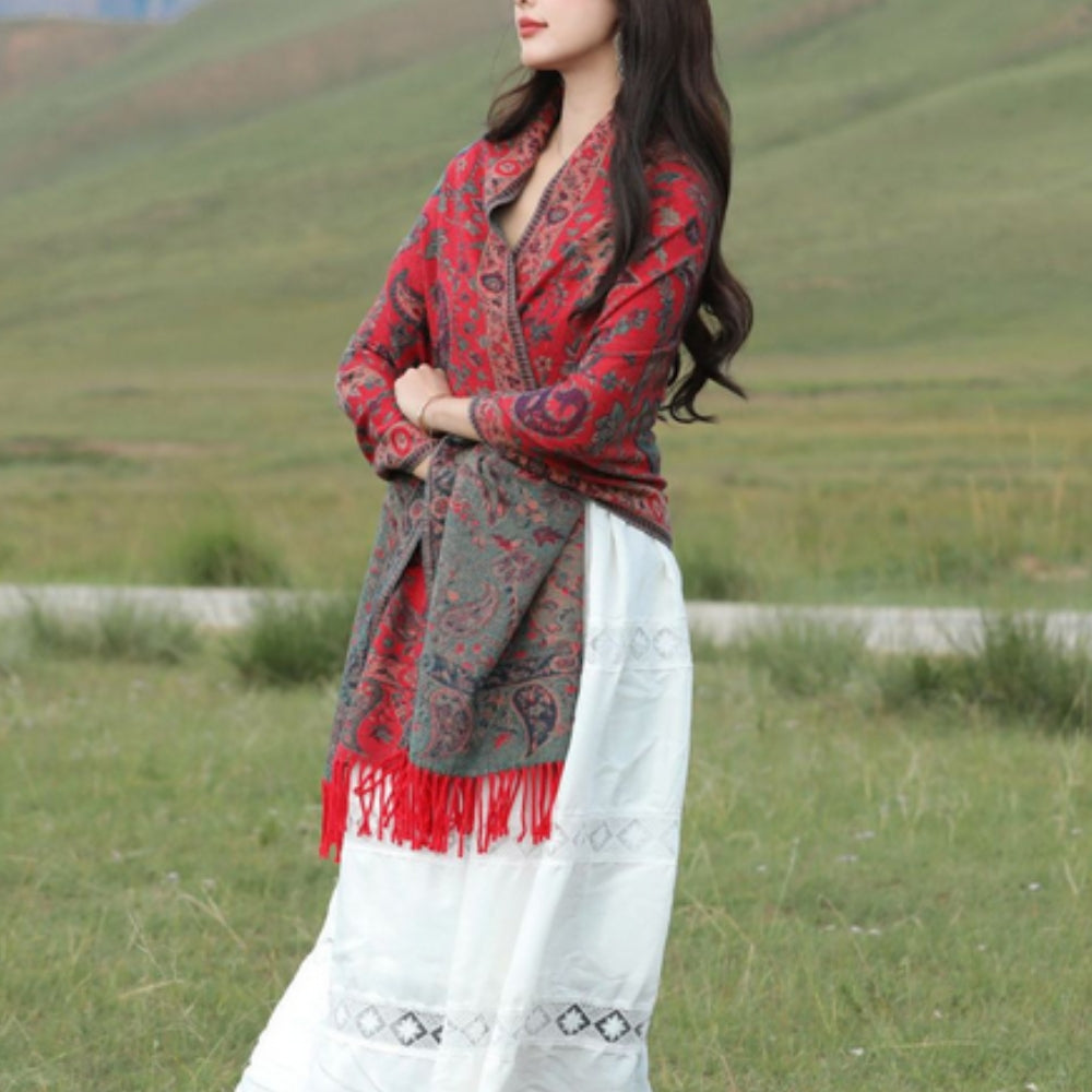 Double Sided Paisley Winter Poncho Shawl for Women
