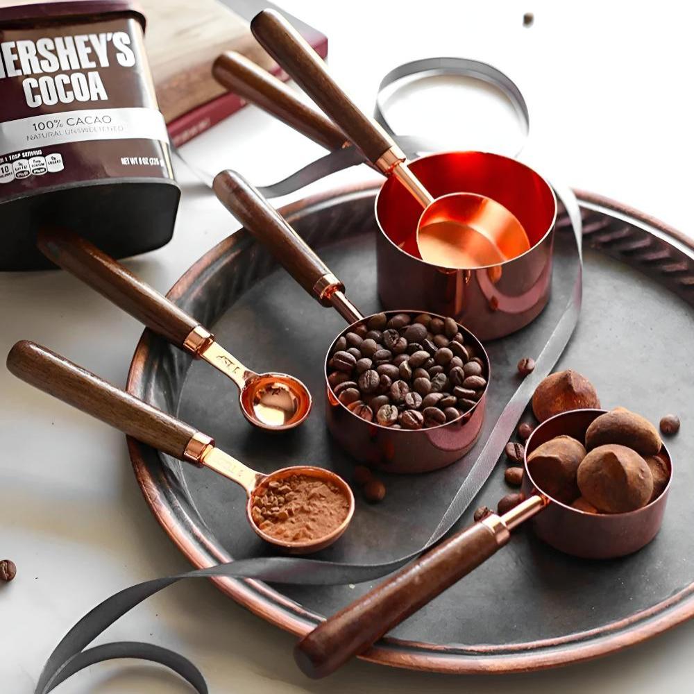 Copper Measuring Cups and Spoons Set With Walnut Handles