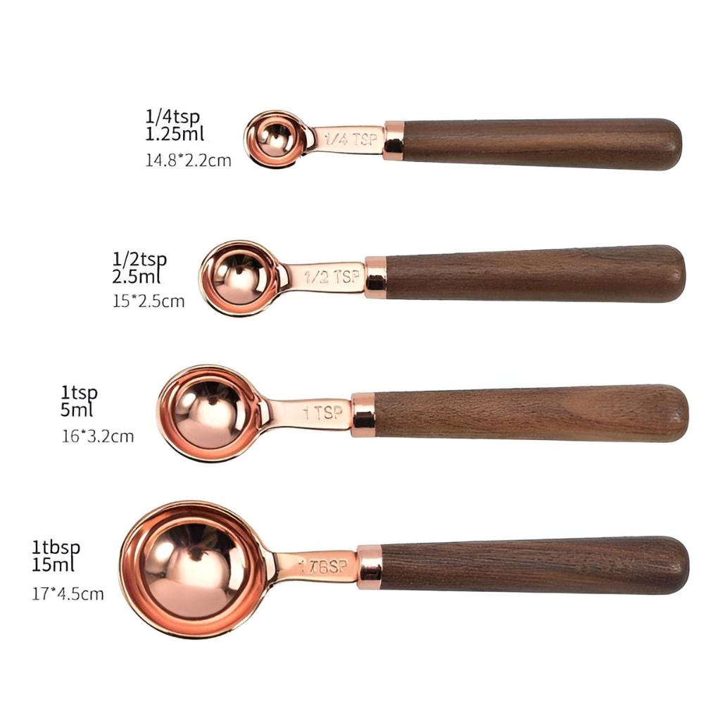 Copper Measuring Cups and Spoons Set With Walnut Handles