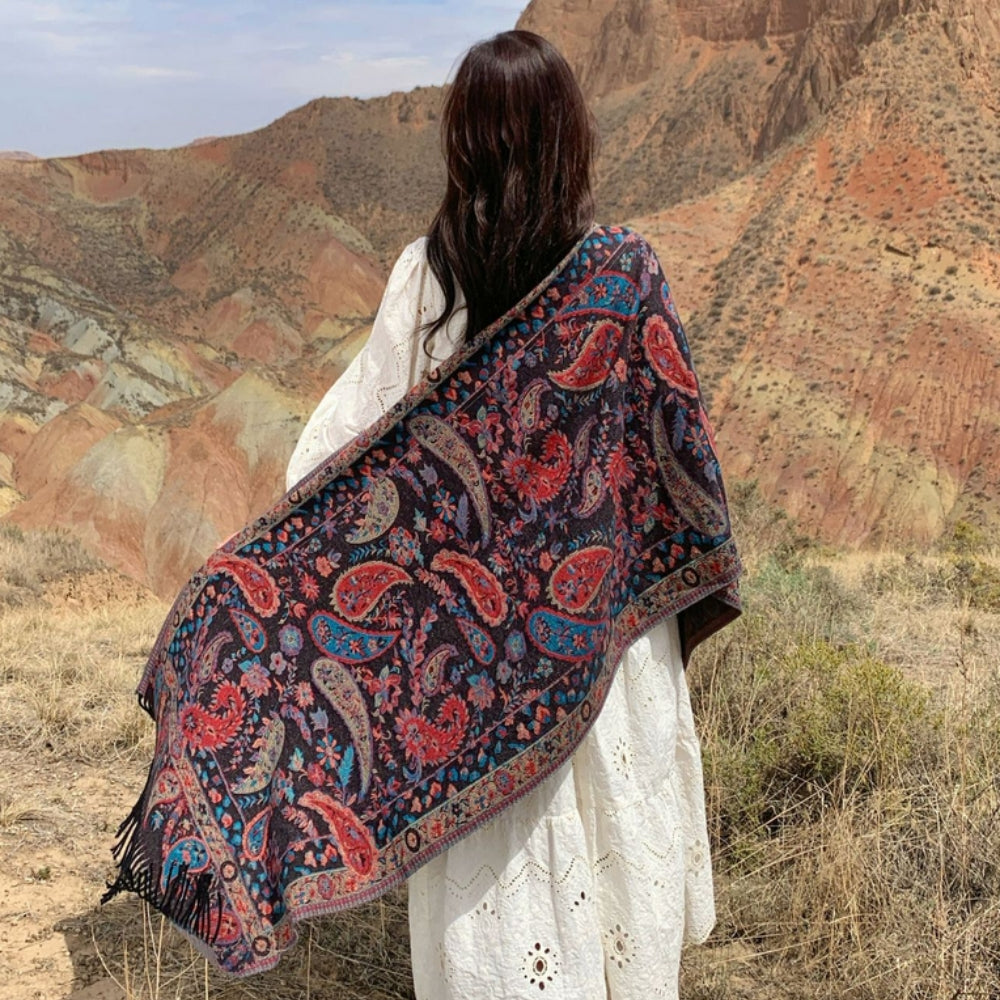 Double Sided Paisley Winter Poncho Shawl for Women