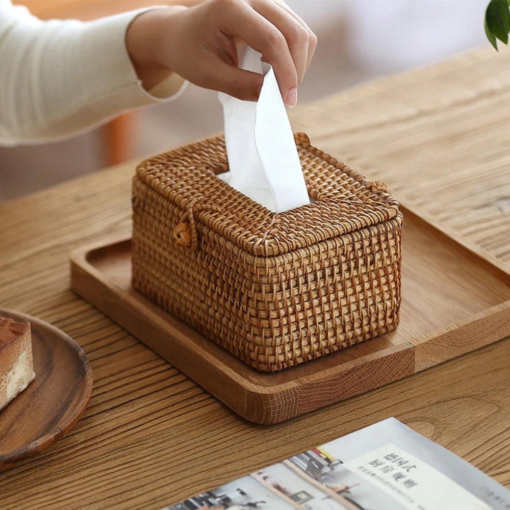 Handwoven Natural Rattan Tissue Box with Lid