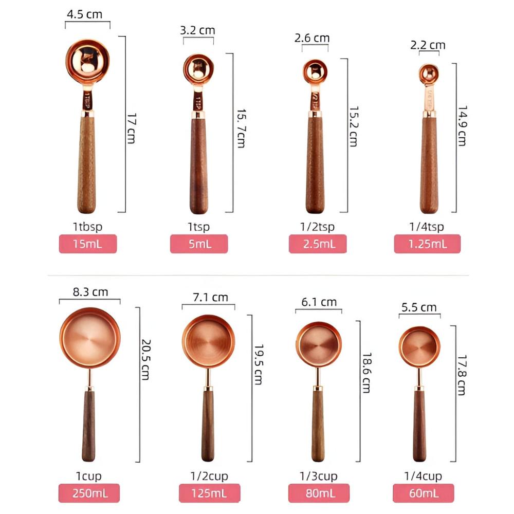 Copper Measuring Cups and Spoons Set With Walnut Handles