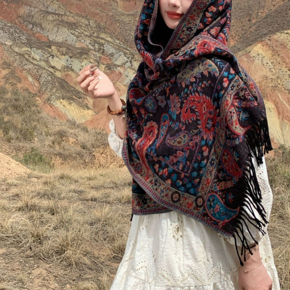 Double Sided Paisley Winter Poncho Shawl for Women
