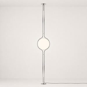 Oris floor to ceiling lamp in Silver, full length studio shot from ceiling plate to floor disc, switched on