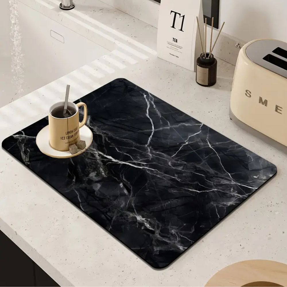 Black and White Marble Print Dish Drying Mat