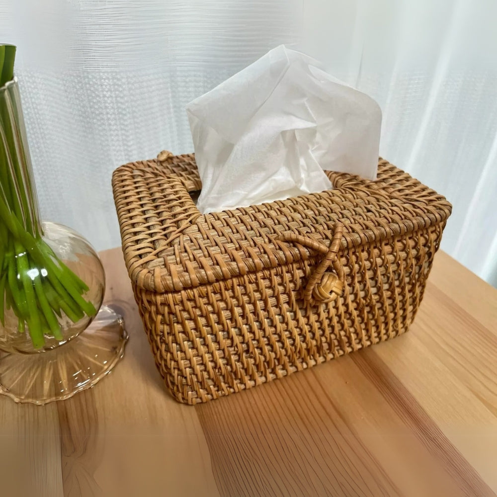 Handwoven Natural Rattan Tissue Box with Lid