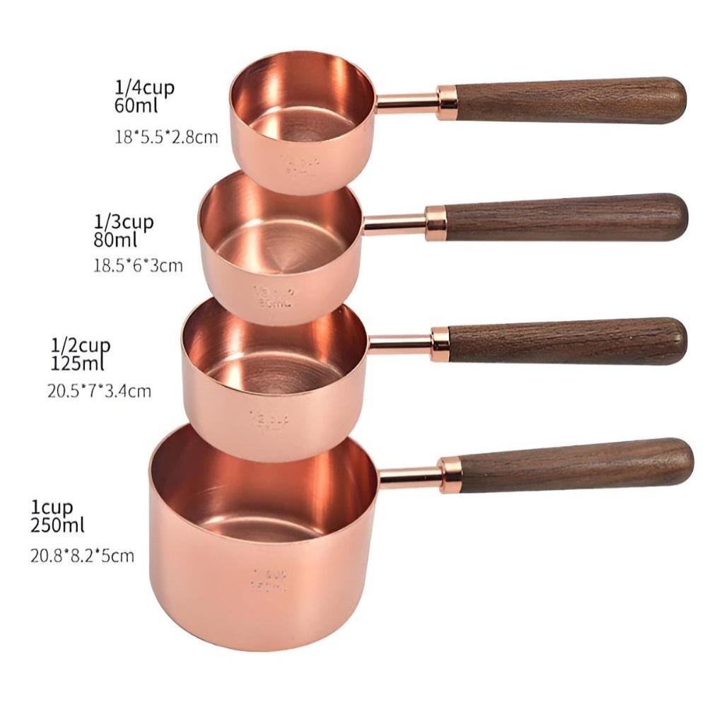 Copper Measuring Cups and Spoons Set With Walnut Handles