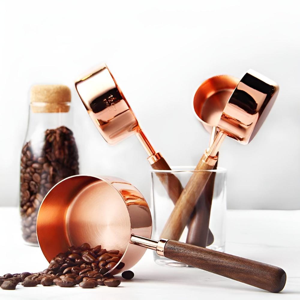 Copper Measuring Cups and Spoons Set With Walnut Handles