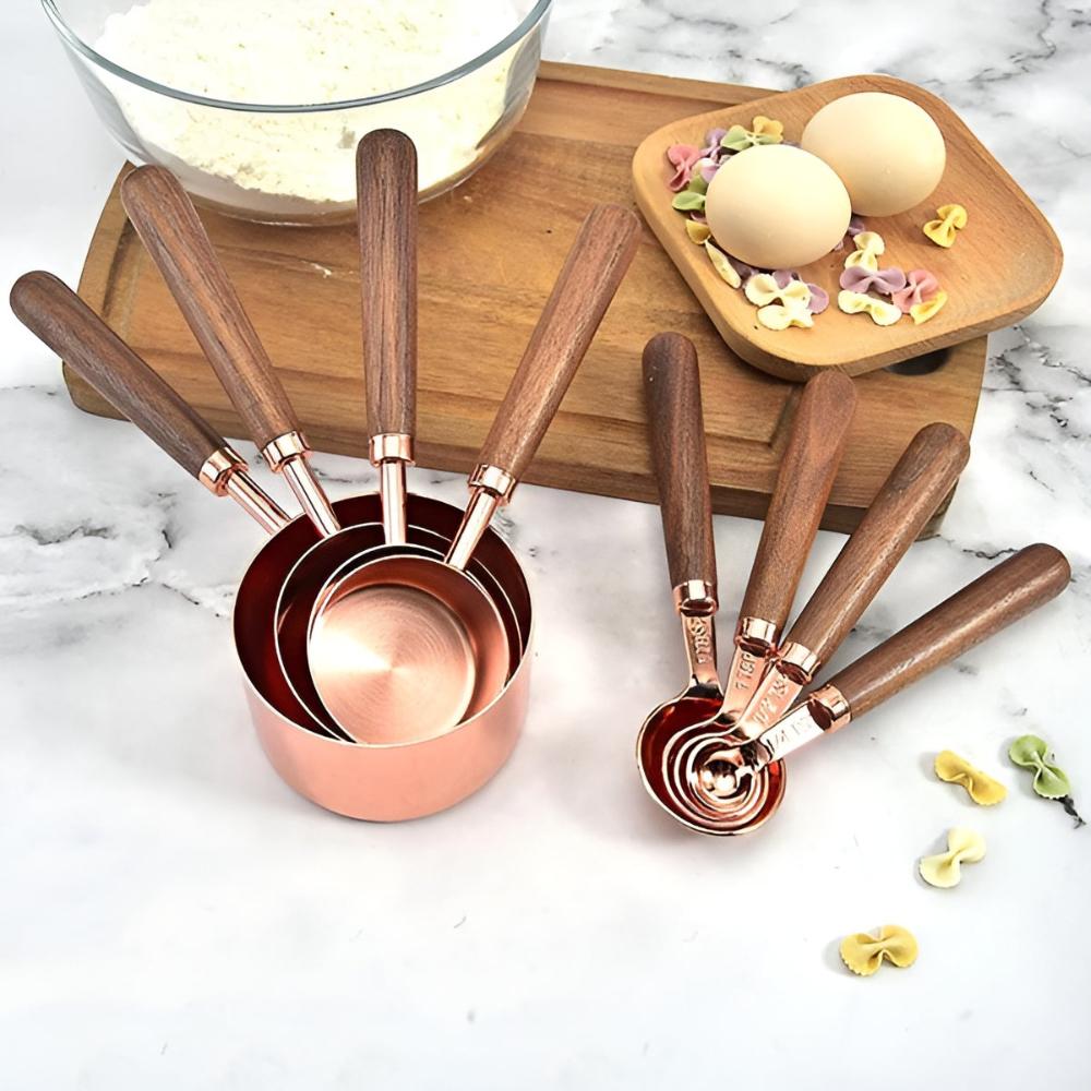 Copper Measuring Cups and Spoons Set With Walnut Handles