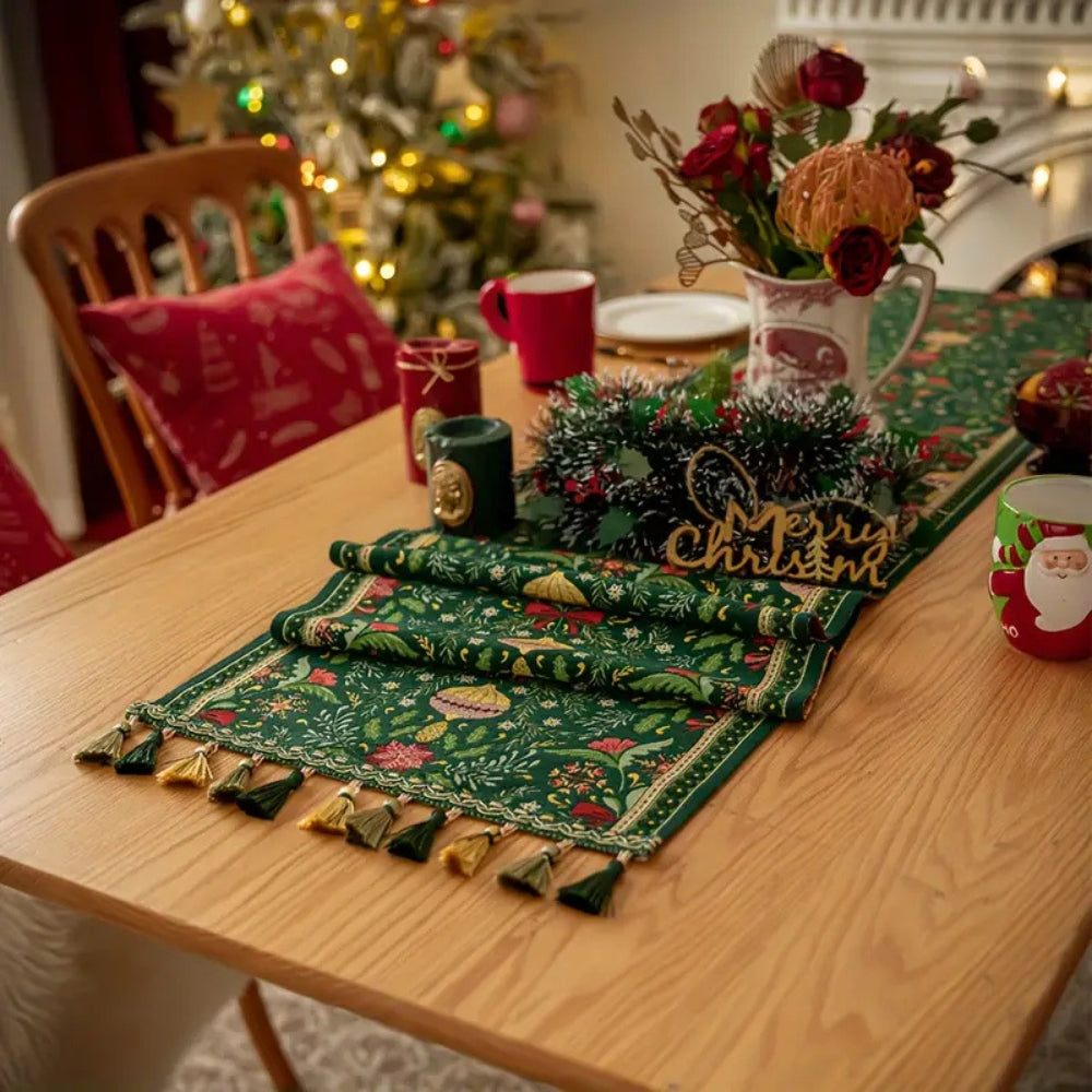 Botanical Tapestry Holiday Table Runner With Tassels