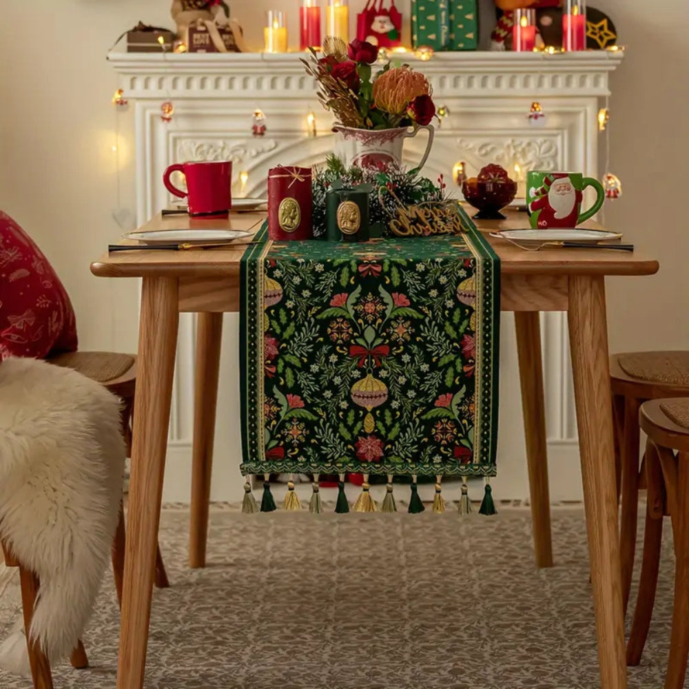 Botanical Tapestry Holiday Table Runner With Tassels