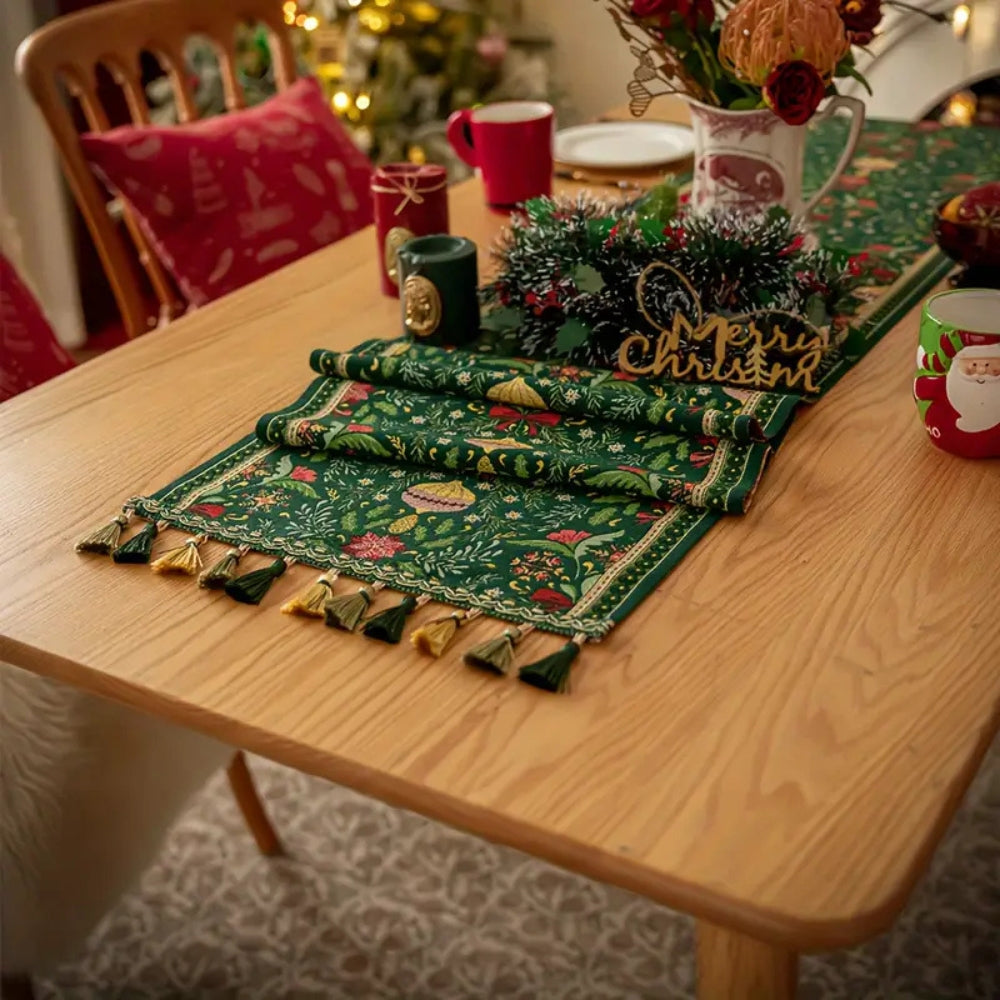 Botanical Tapestry Holiday Table Runner With Tassels