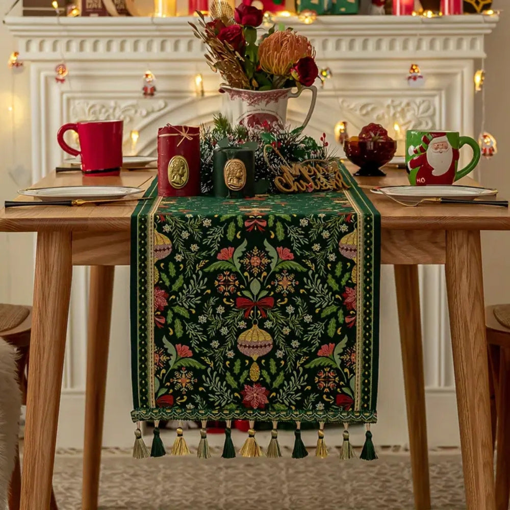 Botanical Tapestry Holiday Table Runner With Tassels