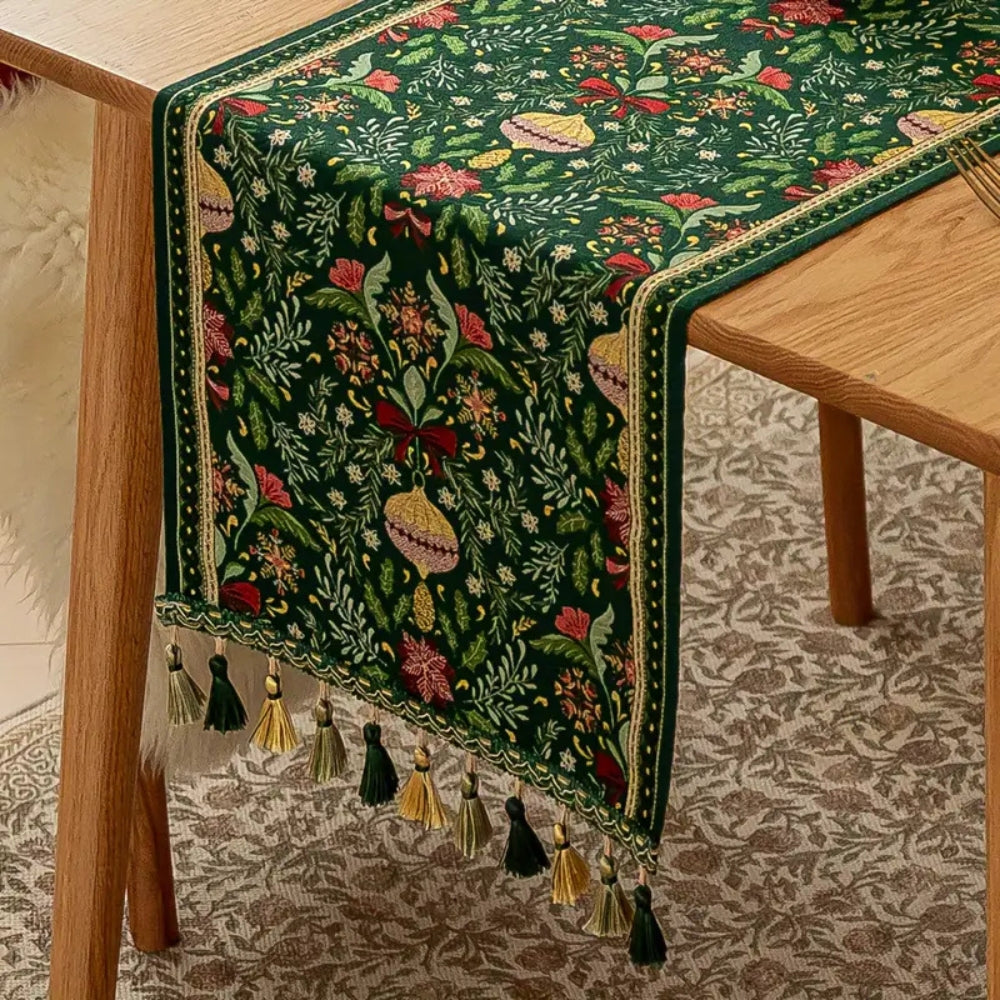 Botanical Tapestry Holiday Table Runner With Tassels
