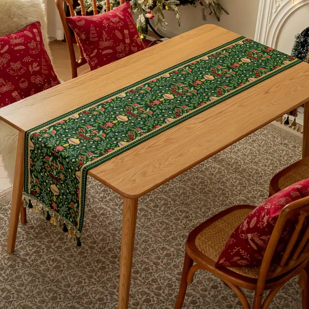 Botanical Tapestry Holiday Table Runner With Tassels