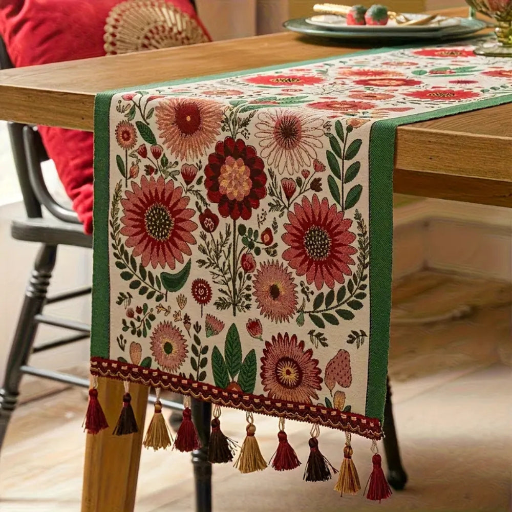 Boho Floral Embroidered Table Runner With Colorful Tassels