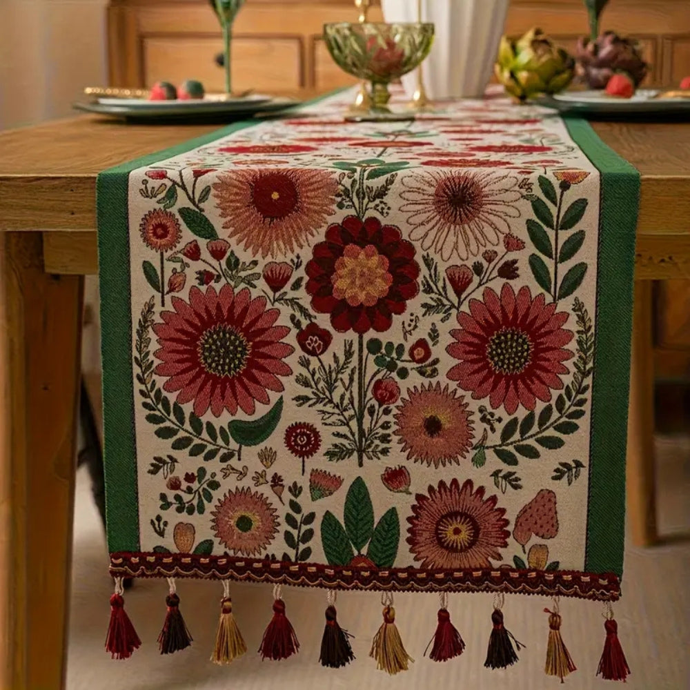 Boho Floral Embroidered Table Runner With Colorful Tassels