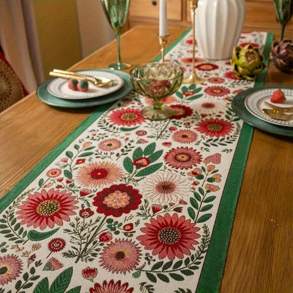Boho Floral Embroidered Table Runner With Colorful Tassels