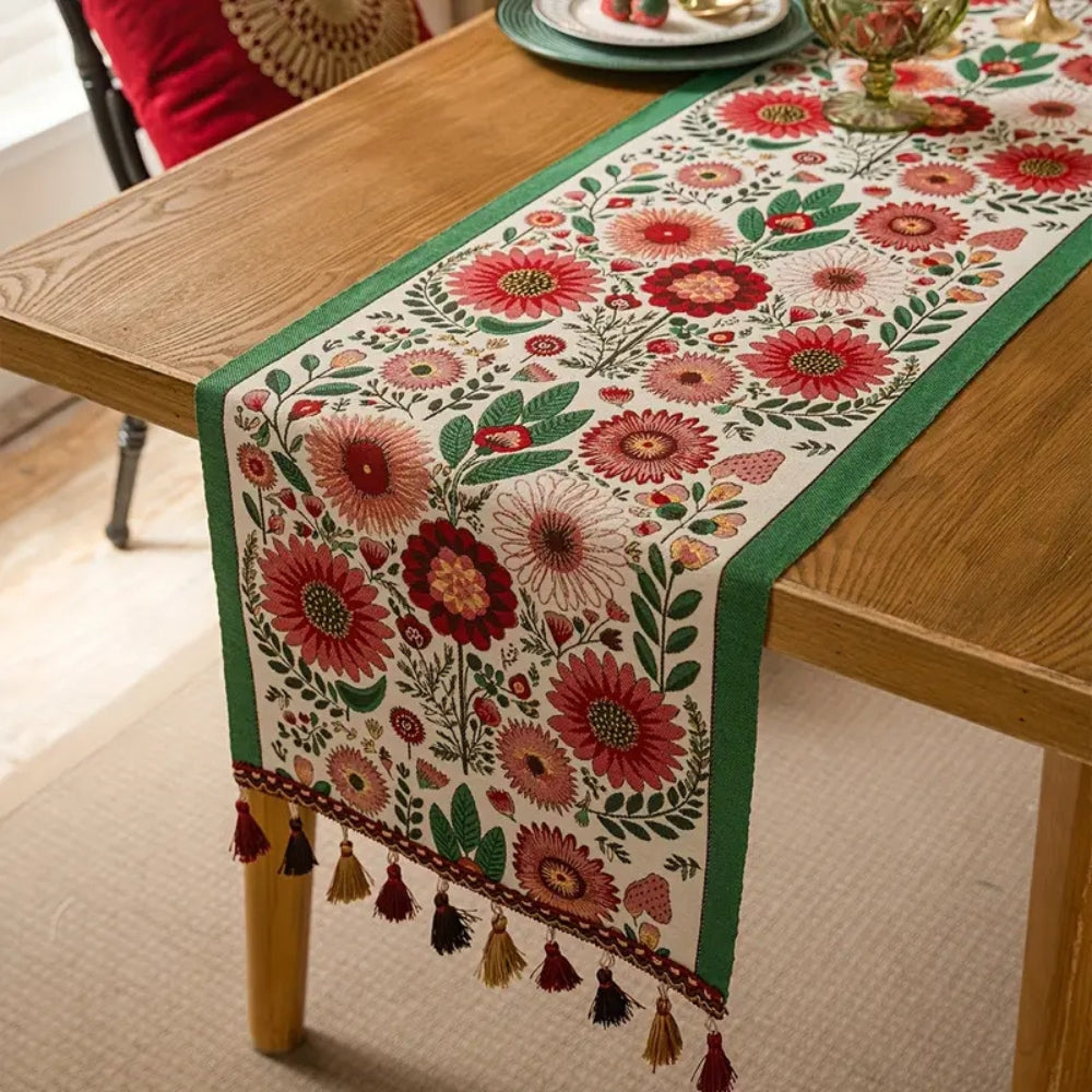 Boho Floral Embroidered Table Runner With Colorful Tassels