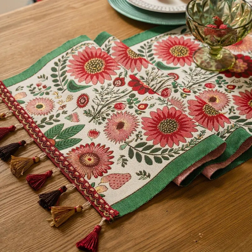 Boho Floral Embroidered Table Runner With Colorful Tassels