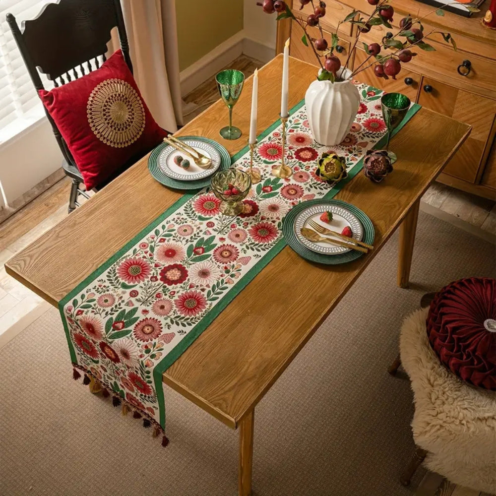 Boho Floral Embroidered Table Runner With Colorful Tassels