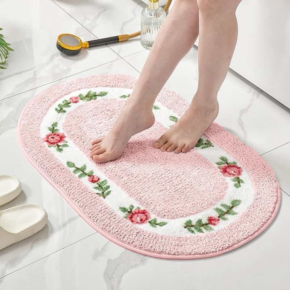 Plush Floral Oval Bath Mat