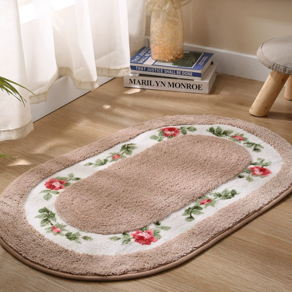 Plush Floral Oval Bath Mat