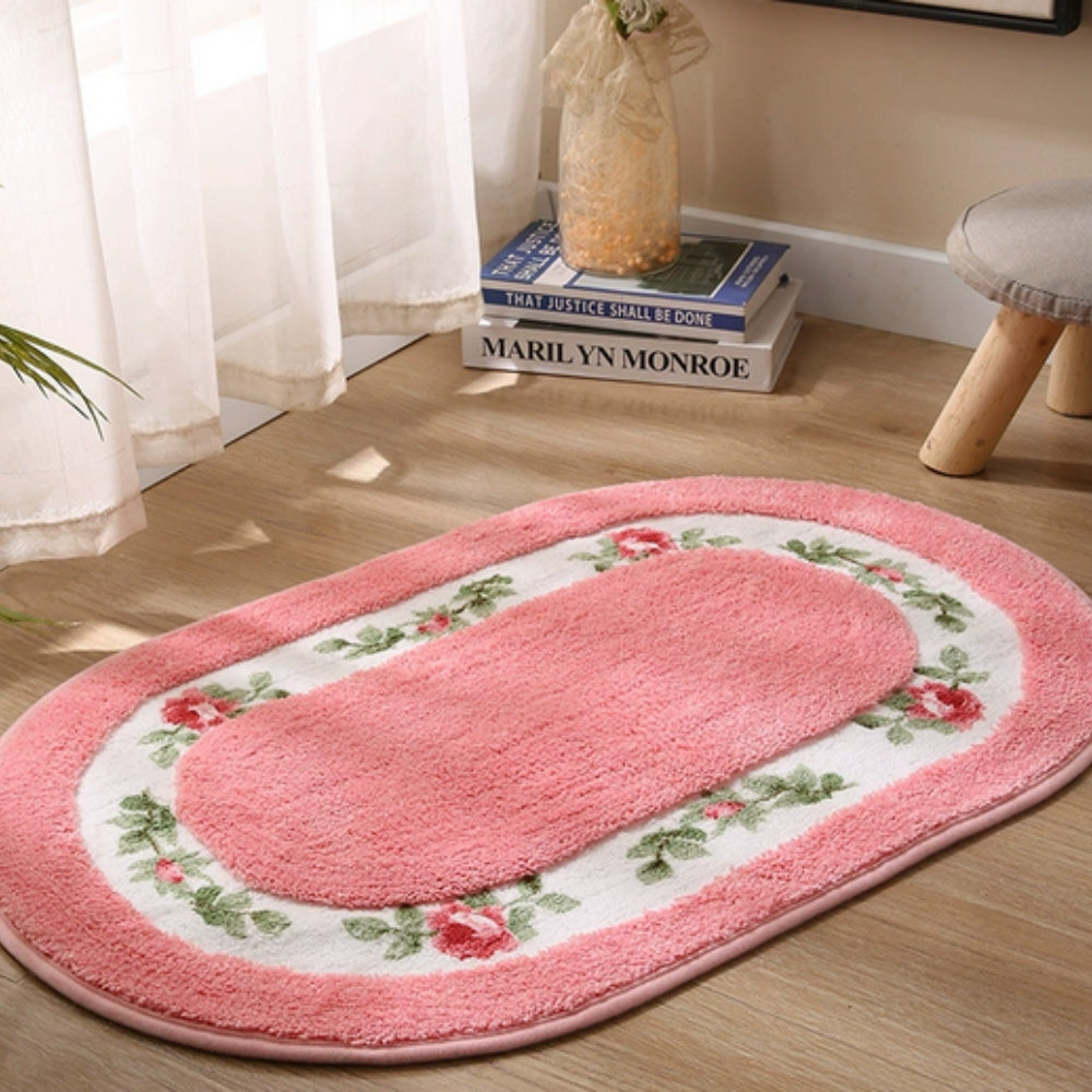 Plush Floral Oval Bath Mat