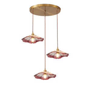 Fiora Vintage Floral Glass Pendant Lamp, 3 shades, round canopy, pink glass