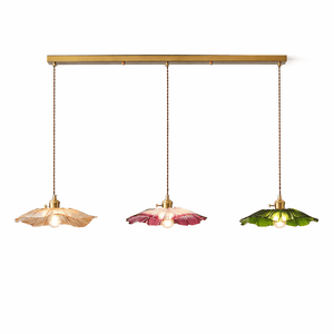 Fiora Vintage Floral Glass Pendant Lamp, 3 shades, linear canopy, mixed glass