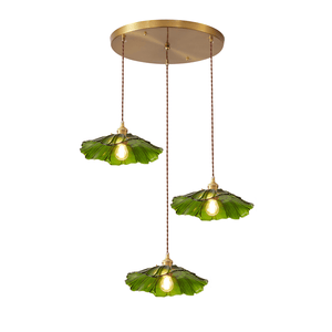Fiora Vintage Floral Glass Pendant Lamp, 3 shades, round canopy, green glass