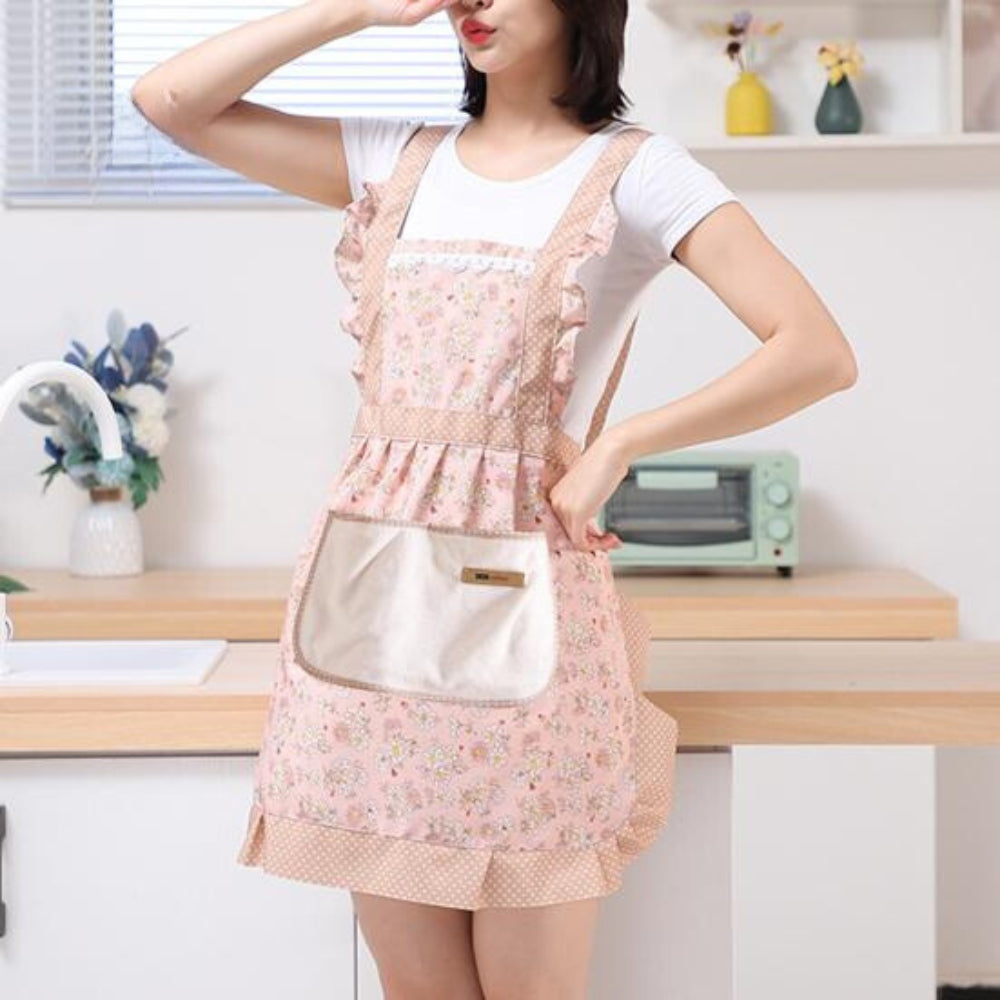 Vintage Floral Cotton Waterproof Kitchen Apron with Pockets