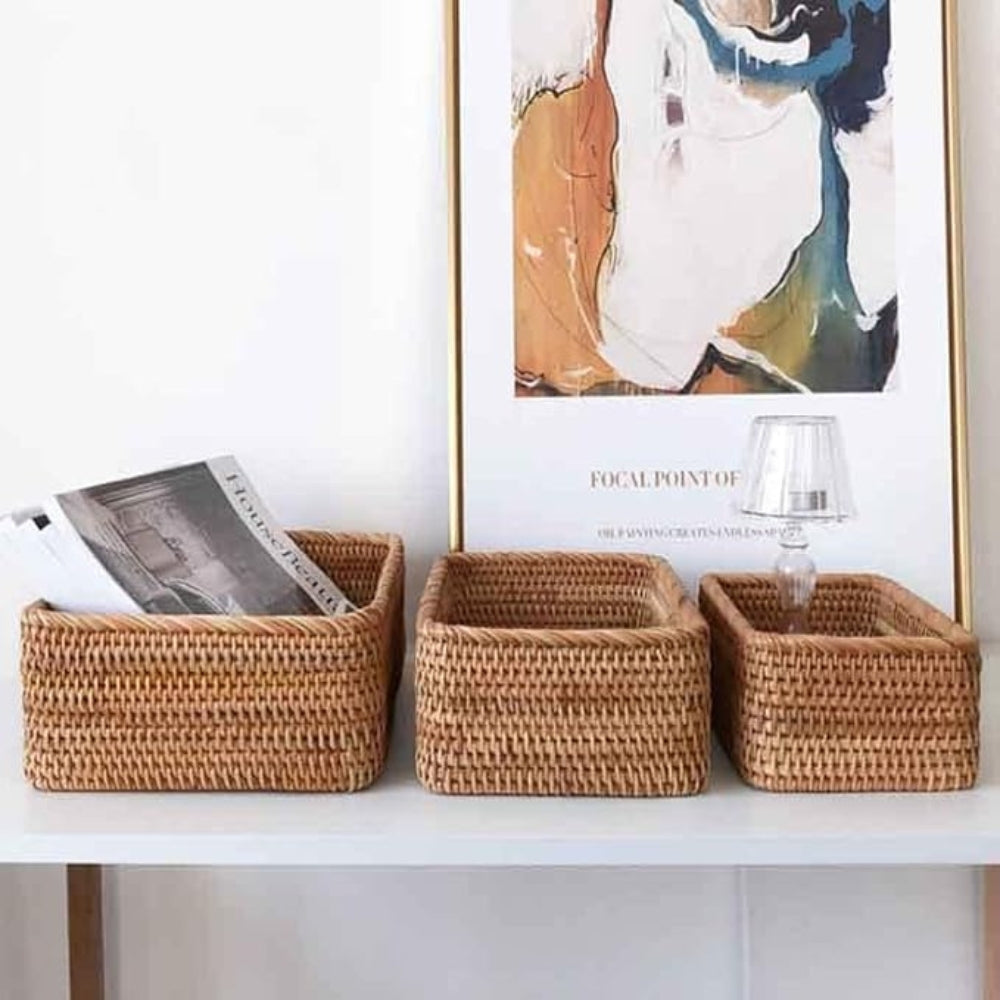 Hand Woven Rectangular Rattan Storage Basket