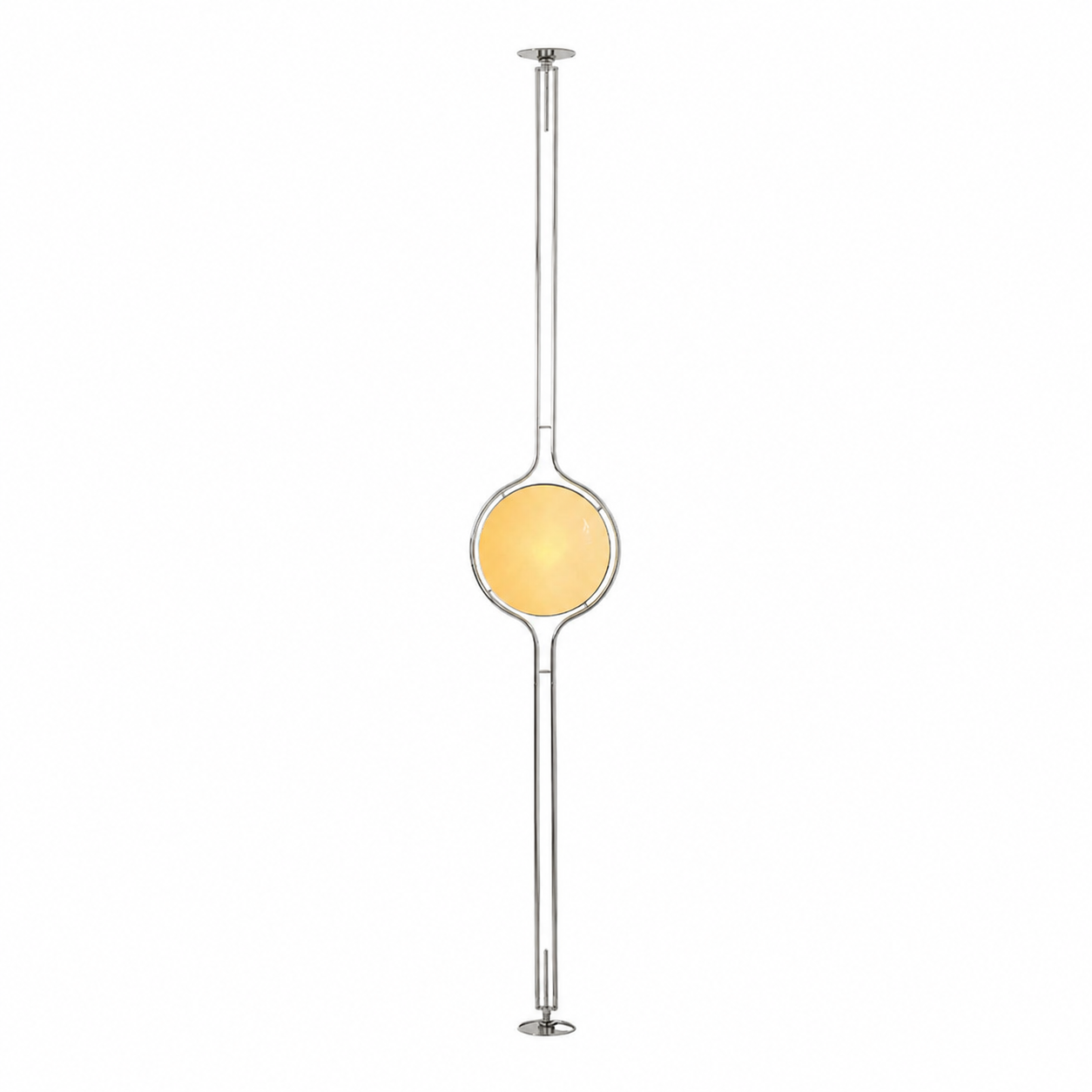 Oris floor to ceiling lamp in Gold in a bright living room beside a black sideboard, full length