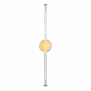 Oris floor to ceiling lamp in Gold in a bright living room beside a black sideboard, full length