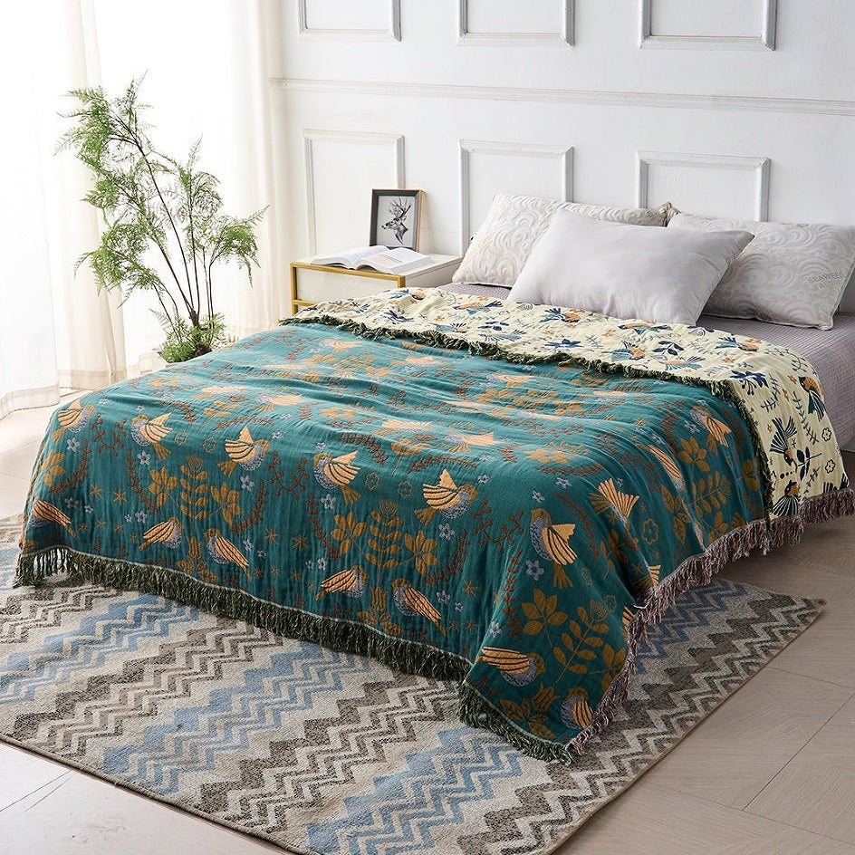 Reversible Scandinavian Bird 100% Cotton Blanket